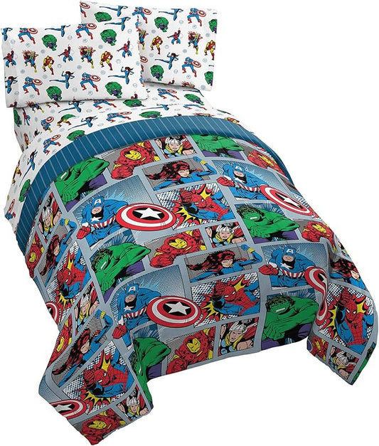 Jay Franco Marvel Avengers Fighting Team 5 Piece Full Bed Set - Includes Reversible Comforter & Sheet Set Bedding - Super Soft Fade Resistant Microfiber (Official Marvel Product)