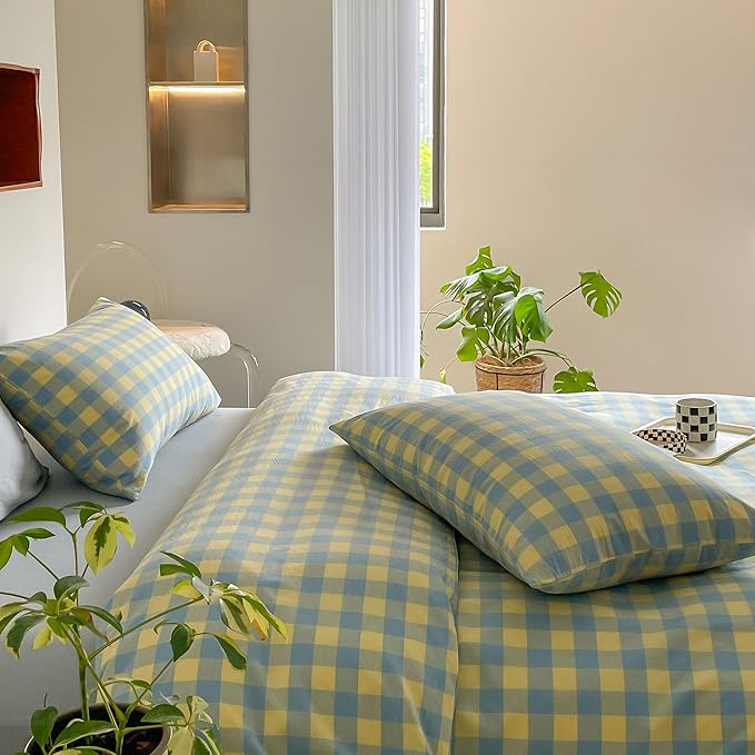 mixinni Plaid Duvet Cover Set Queen Yellow - Soft Washed Cotton Modern Geometric Bedding Set with 2 Pillowcases, Blue Green Gingham Grid Queen Duvet Cover for Men & Women, Soft & Lightweight