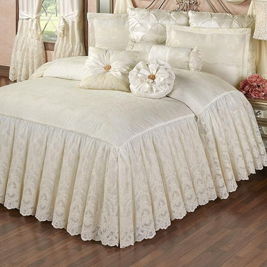 Cameo Lace Luxury Washable Polyester Bedding Set | Vintage Elegant | Pearl | Scroll Leaf Floral Cameo Quilting Embroidered | Set of Three: Full Bedspread and Two Standard Shams