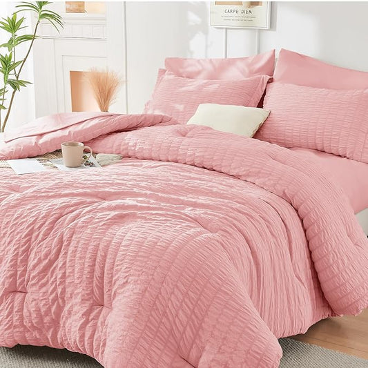HYMOKEGE Rose Pink California King Comforter Set Seersucker 7 Pieces, All Season Luxury Bed in a Bag for Bedroom, Bedding Set with Comforter, Sheets, Pillowcases & Shams