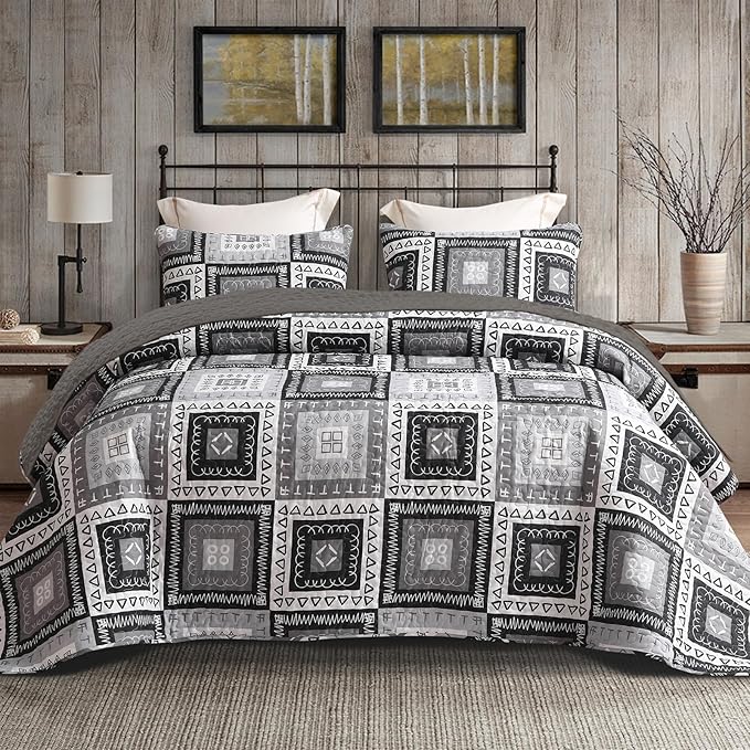 Exclusivo Mezcla Reversible Boho Quilts King Size, Black Bedspreads Lightweight Coverlet All Season Patchwork Quilt Bedding Set with Printed Floral Pattern (1 Quilt, 2 Pillow Shams)