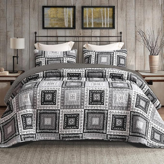 Exclusivo Mezcla Reversible Boho Quilts King Size, Black Bedspreads Lightweight Coverlet All Season Patchwork Quilt Bedding Set with Printed Floral Pattern (1 Quilt, 2 Pillow Shams)