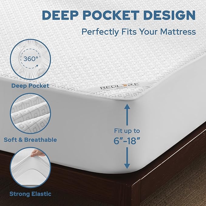 BEDLORE King Mattress Protector, Waterproof Noiseless Mattress Cover with Deep Pocket for 6-18 inches Mattress, Soft Breathable Mattress Pad Machine Washable (White)