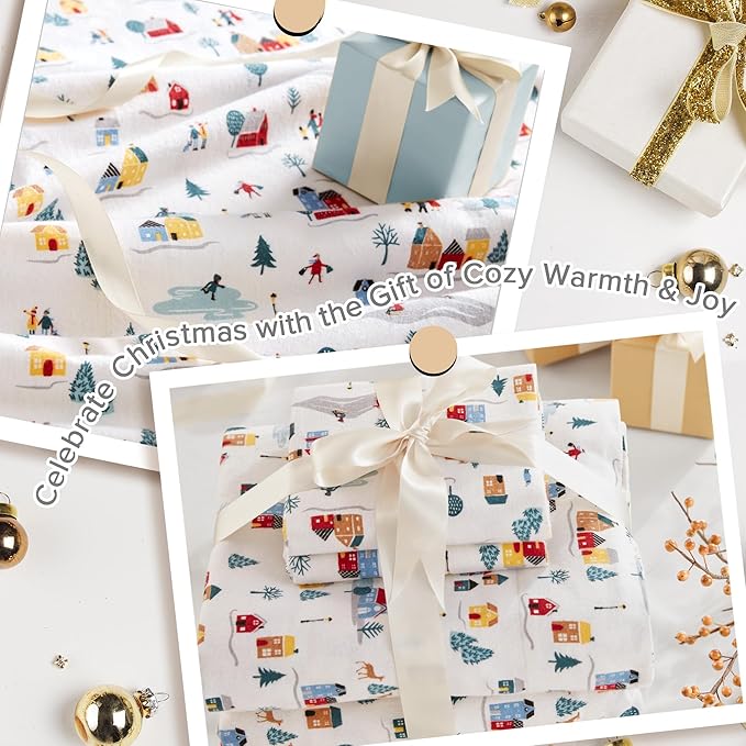 Sleep Philosophy True North 100% Cotton Flannel Sheets Twin Size, Cozy Flannel Sheet Set Brushed for Extra Softness, Heavyweight Novelty Print Warm Flannel Bedding Set, White Village Print 3 Piece