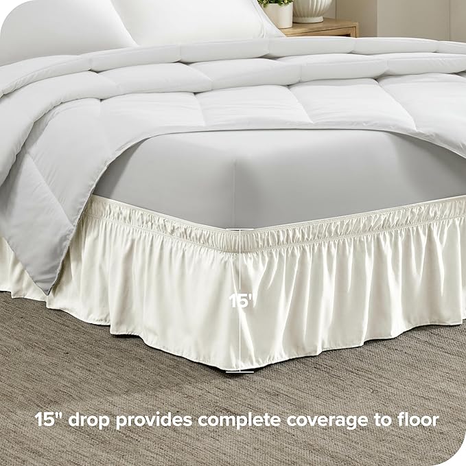 Bare Home Wrap Around Bed Skirt - for King Size Beds with 15 inch Tailored Drop - Easy Fit Elastic Strap - Adjustable and Ruffled Style - Wrinkle, Fade, and Stain Free (King, Cream)