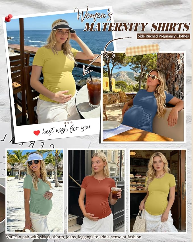 Huukeay 4 Pack Women's Maternity Shirts, Crew Neck Maternity Top Short Sleeve Casual Cotton Tee Side Ruched Pregnancy Clothes