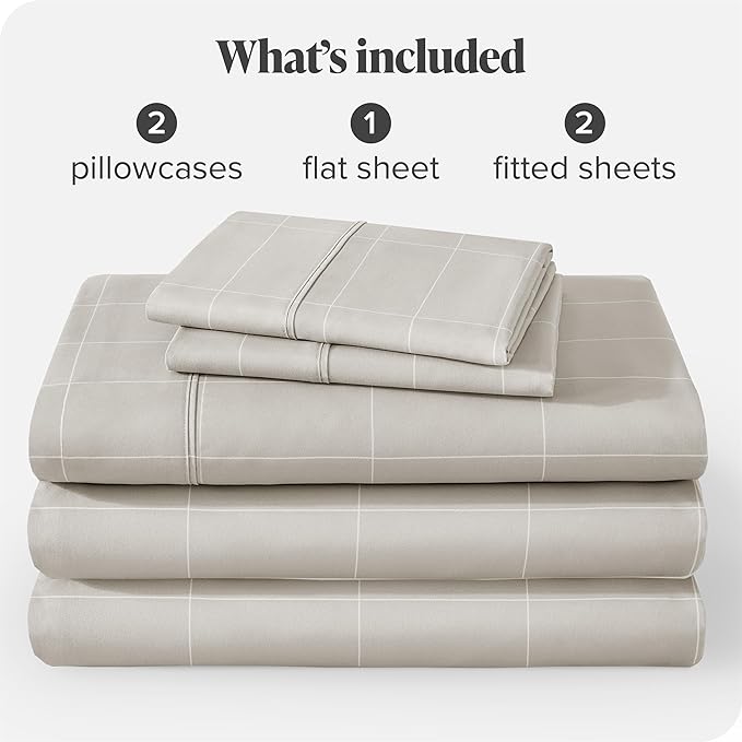 Bare Home Split King Sheet Set - 1800 Ultra-Soft Microfiber Double Brushed - Deep Pockets - Easy Fit - 5 Piece Set - Bed Sheets & Pillowcases (Split King, Grid - Stone/White)