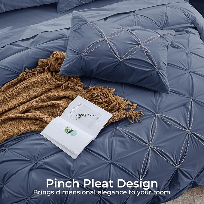 Sasttie Twin XL Comforter Set, 5-Piece Bed in a Bag, Pintuck Bedding Sets for All Season, Includes Comforter, Flat Sheet, Fitted Sheet, Pillowcase and Pillowsham, Indigo Blue