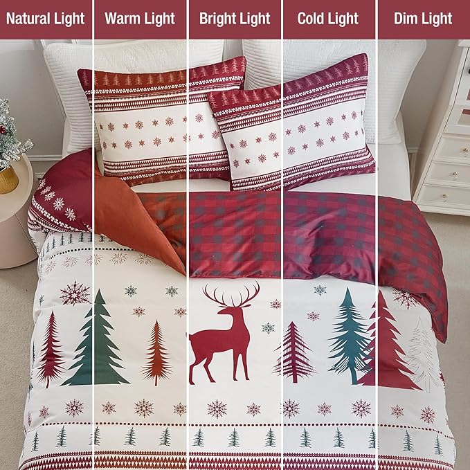 Lekesky Christmas Duvet Cover Queen Size,3 Pieces Reversible Red Plaid Reindeer Snowflake Holiday Bedding Set with Zipper Closure and Corner Ties(1 Duvet Cover 90x90 inches + 2 Pillowcases)