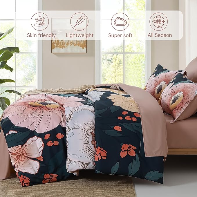 Xruibed Queen Comforter Set Blue Floral Comforter Queen Size 7 Pieces Bed in a Bag Flower Bedding Comforter Sets Lightweight Boho Bed Set with Sheet,Pillowcases&Shams for All Season