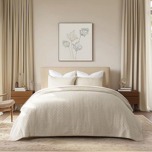 EVERGRACE Cross Stitch Pre-Washed Cotton Quilt Bedding Set Queen Size, Oversized 3 Pieces Lightweight Bedspread Coverlet for All Season, with 2 Matching Shams, Flax Beige, 92"x96"