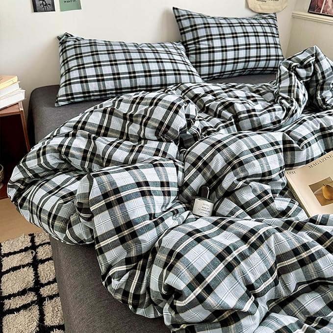 mixinni Vintage Grey & Pale Blue Buffalo Plaid Duvet Cover Set Queen Size - 3 Piece Washed Cotton Bedding Set with Grid Pattern, Soft & Breathable Duvet Cover with Pillowcases for Boys, Men& Women