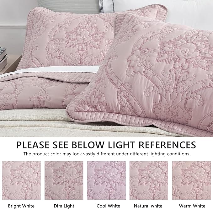 CHIXIN Oversized Bedspread Coverlet Set King Size - Lightweight Bedding Cover - Beautiful Stitching - 4 Piece Reversible Bedspread - Gorgeous Damask Paisley Pattern (King, Pale Rose)