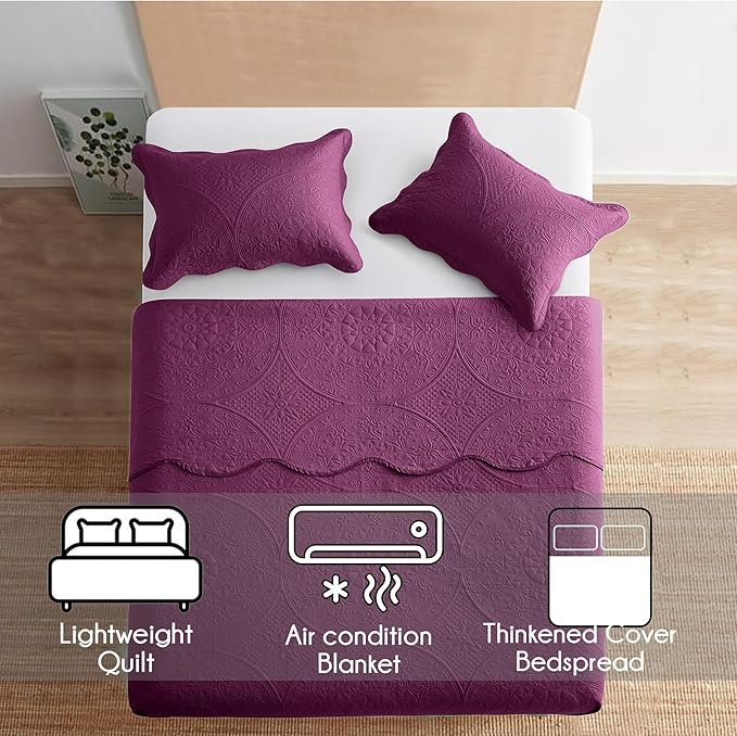 IR Imperial Rooms Twin Quilt Bedding Set Size (68” x 86”) + 1 Pillow Shams (20” x 26” + 2”) - 2 Pcs All Season Lightweight Reversible Microfiber Coverlet Floral Embossed Quilt Bedspread (Purple)