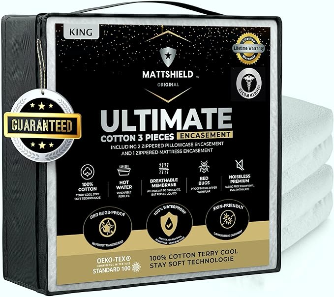 MATTSHIELD New Ultimate 3-Piece Kit - Bed Bug-Proof Mattress Cover King Size 100% Cotton Top + 2 Queen Pillow Protectors with Zipper - 6 Sided Waterproof Encasement, Total Defense Kit