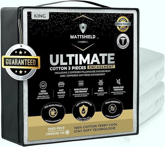 MATTSHIELD New Ultimate 3-Piece Kit - Bed Bug-Proof Mattress Cover King Size 100% Cotton Top + 2 Queen Pillow Protectors with Zipper - 6 Sided Waterproof Encasement, Total Defense Kit