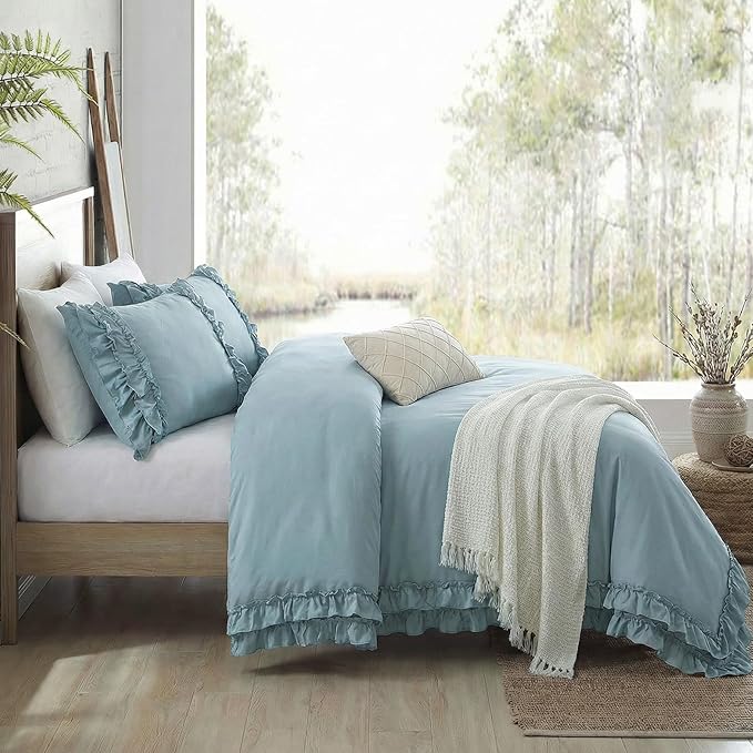 Grayish Blue Duvet Cover King Vintage Ruffled Bedding Shabby Chic Boho Bedroom Decor Super Soft All Season Ruffle Duvet Cover Set