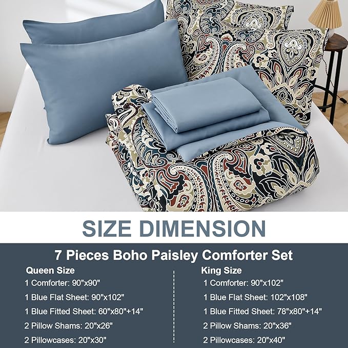 Boho Comforter Set Queen, 7 Pieces Bed in A Bag Comforter Boho Paisley Pattern Bedding Set Soft Microfiber Queen Size (1 Blue Comforter, 1 Flat Sheet, 1 Fitted Sheet, 2 Pillow shams, 2 Pillowcases)