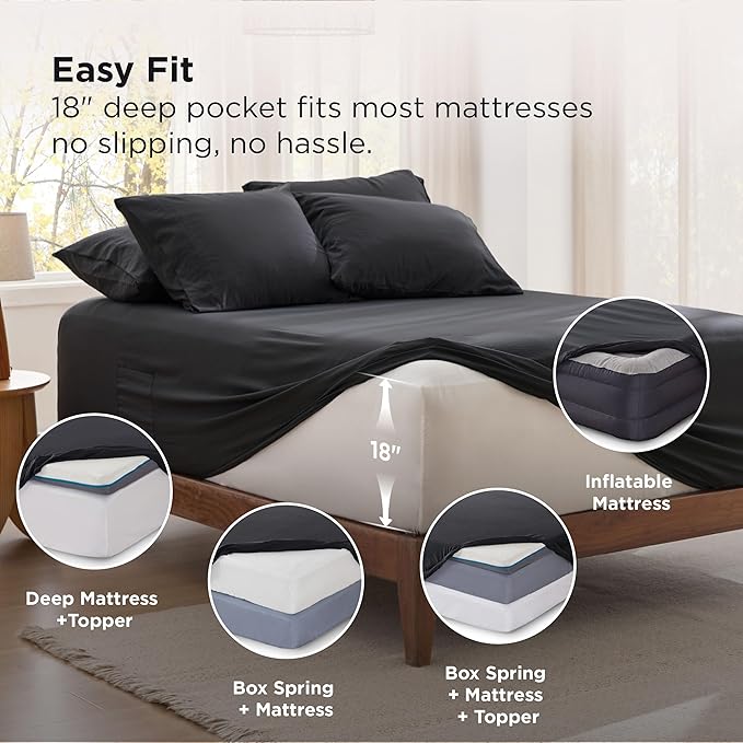 Bedsure Deep Pocket Queen Sheets - 6 Piece, Prewashed Ultra-Soft Queen Sheet Set, Fits Mattresses Up to 18 Inches Thick, Breathable & Secure Fit, Hotel Luxury Bedding, Black