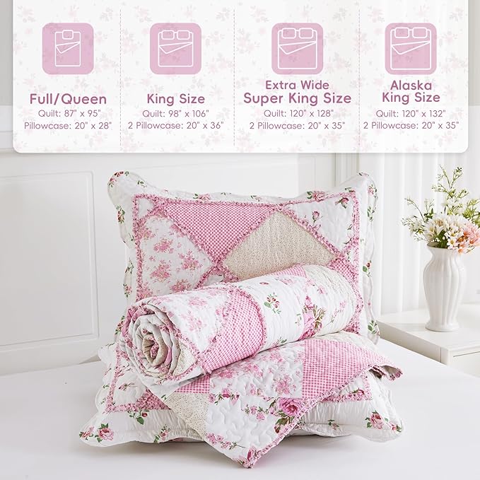 VIVILINEN Pink Patchwork Quilt Set Queen Size Reversible Quilted Bedspread Coverlet Set 3-Piece Floral Lightweight Comforter Stitched Bedding Set Bed Sheet Set Cover Blanket with 2 Pillow Shams | Pink Quilt Set, Patchwork Quilt Set, Reversible Bedsprea...