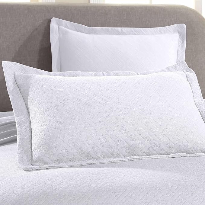 Superior 2 Piece Basketweave Cotton Bedspread Set, Home Bed Decor, Decorative Bed Spread, 1 Pillow Sham, Medium Weight Blanket, Matelasse Coverlet Bedding, Geometric Lattice Pattern, Twin, White