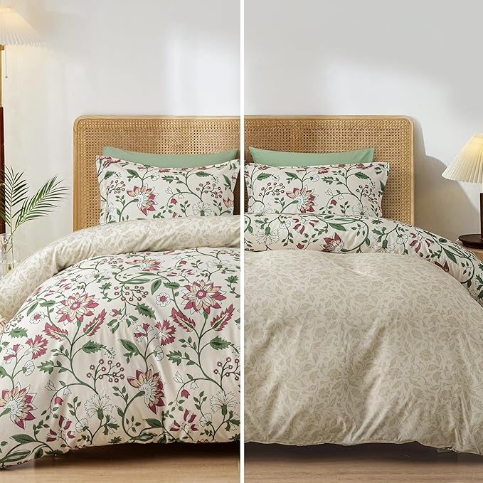 PHF Ultra Soft Floral Duvet Cover Queen Size, Printed Bedding Set 3 Pieces, Comfy Farmhouse Pattern Duvet Cover Set with 2 Pillow Shams, Zipper Closure and 8 Ties, 90"x90", Flower-Pink