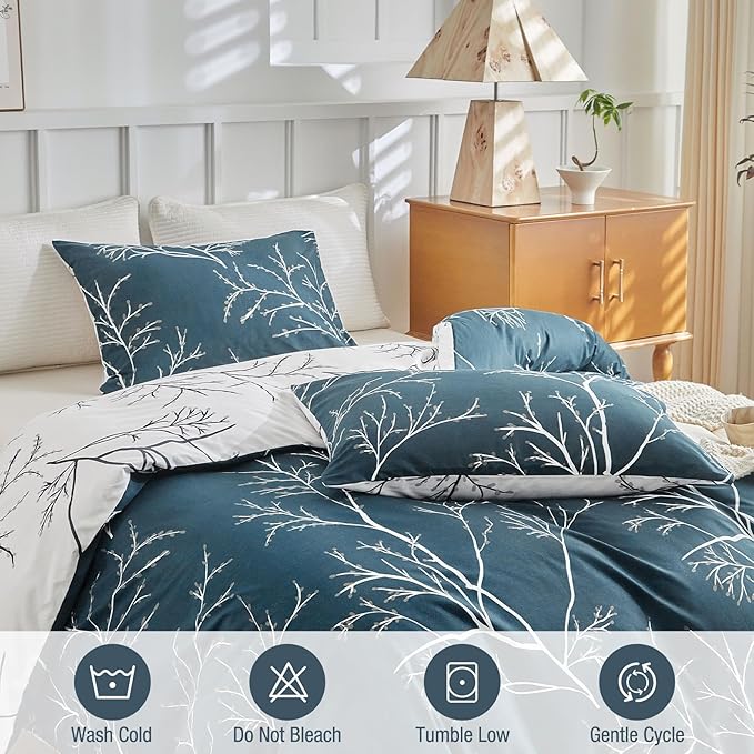 Lekesky Reversible Duvet Cover Queen Size, Dark Blue White Thin Branch Comforter Covers Queen 3pc Ultra Soft Microfiber Breathable Stylish Bedding Sets with Zipper Ties