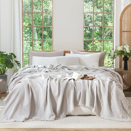 MooMee Muslin Blanket - 100% Cotton 4-Layer Gauze Throw Blanket with Tassels Ultra-Soft Breathable Lightweight Cooling for Bed Couch (Light Grey,Oversized Queen 98" x 98")