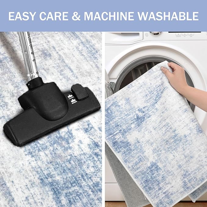 IOHOUZE Abstract Runner Rug 2x12 Ft Washable Runners for Hallways, Non Slip Kitchen Runner Printed Faux Wool Entryway Runner Indoor, Modern Abstract Floor Carpet for Hall Kitchen, Light Blue White