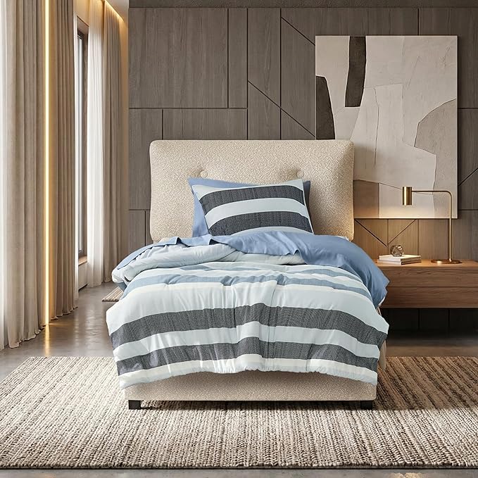 Twin Size Striped Comforter Set, Soft Microfiber Reversible Bedding Sets for All Season 5 Pieces Bed in A Bag Set with Comforter, Sheets, Pillowcase & Sham, Navy/Blue