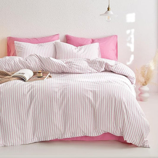 Wake In Cloud - Striped Cotton Duvet Cover Set, Ticking Stripe Vertical Pinstripe Farmhouse, 100% Washed Cotton Textured Percale Bedding Set, 3 Pieces, Pink White, Full Size