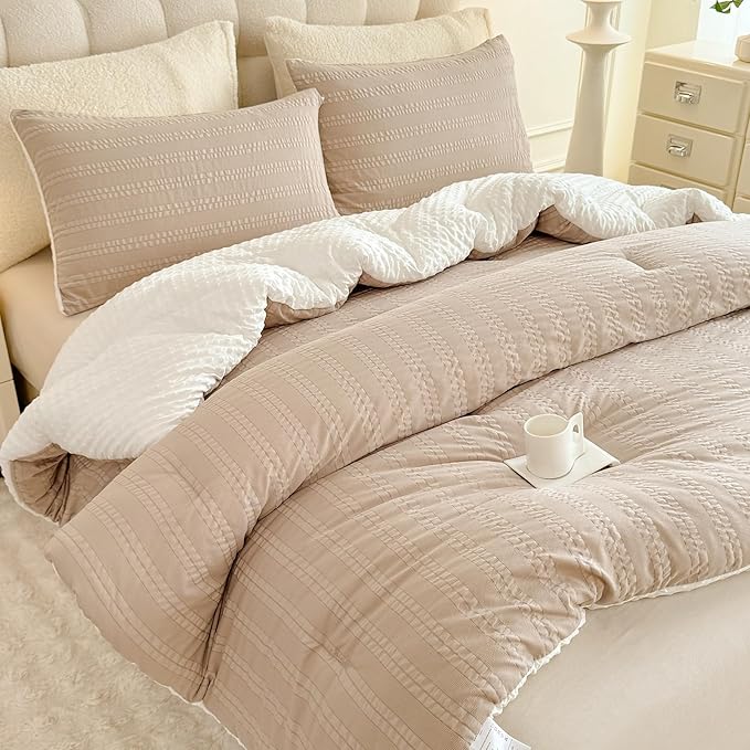 Boho Comforter Set Full Size Striped Pleats Bohemian Seersucker Bedding Set All Season Soft Cozy 3 Pieces Quilt with 2 Pillowcases(80"X90" Beige)