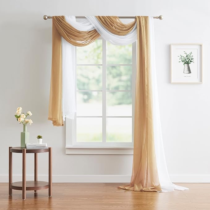 Warm Home Designs Set of 2 White & Caramel Gold Canopy Bed Curtains in 55 x 216 Inch Size. 2 Queen Bed Canopy Curtains Can Be Turned Into Kids Bed Tent or Bed Canopy for Girls. BE White & Gold 216"