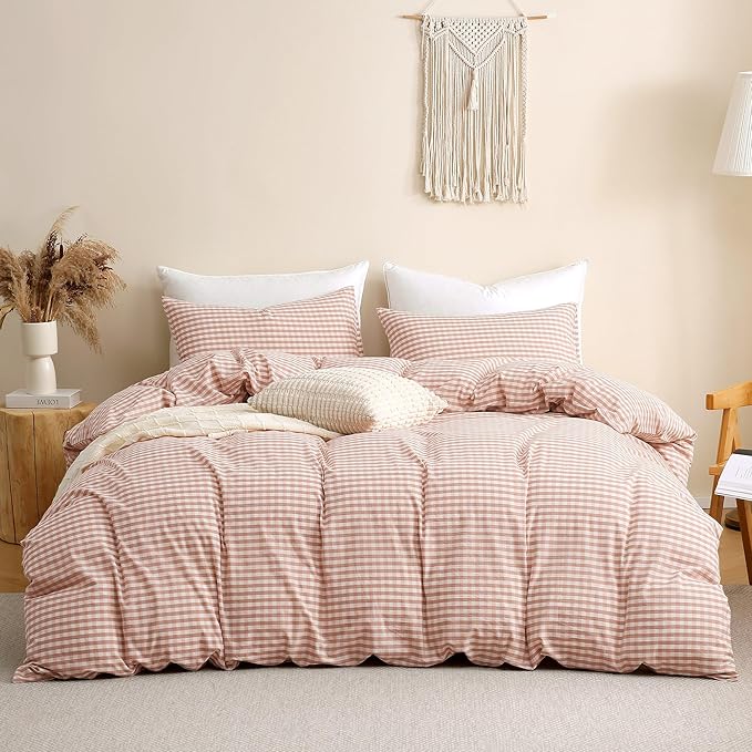 TOCOMOA Pink Tan Gingham Duvet Cover Bedding Set 100% Washed Cotton Like Linen Feel Super Soft Comfy 3 Piece Vintage Plaid Checkered Fall Comforter Cover Set (Full 80"x90", Comforter Not Included)