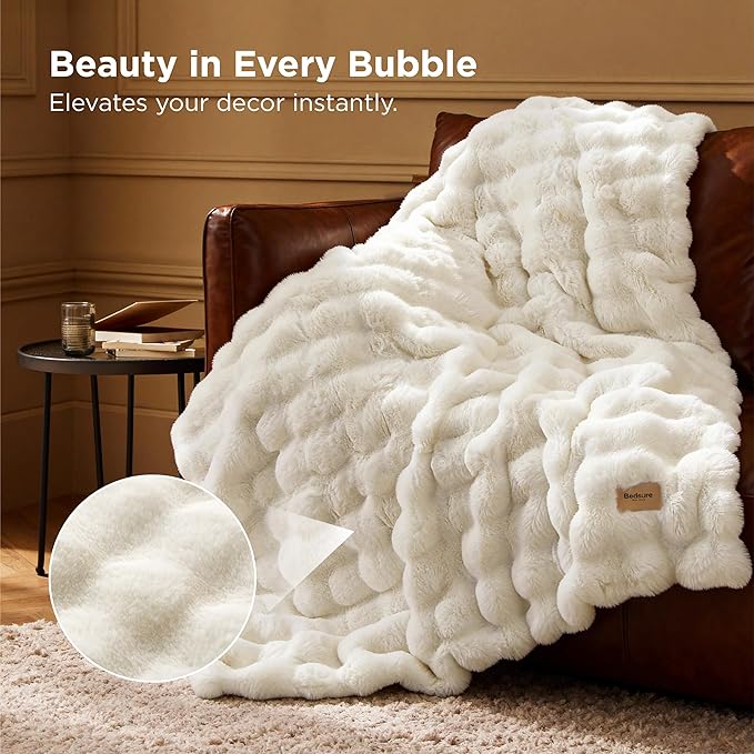 Bedsure GentleSoft Faux Fur Throw XL Blanket, Fluffy Fuzzy Large Throw Blanket for Bed, Soft Cozy Spring Bedding Minky Velvet Couch Cover, Thick Warm Plush Women Men Birthday Gifts, Cream