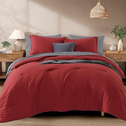Monbix Full Size Comforter Set - 7 Pieces Bright Red Prewashed Bed in a Bag Full Bedding Sets with Comforters, All Seasons Ultra Soft Comforter Bed Set with Sheets, Pillowcases & Shams
