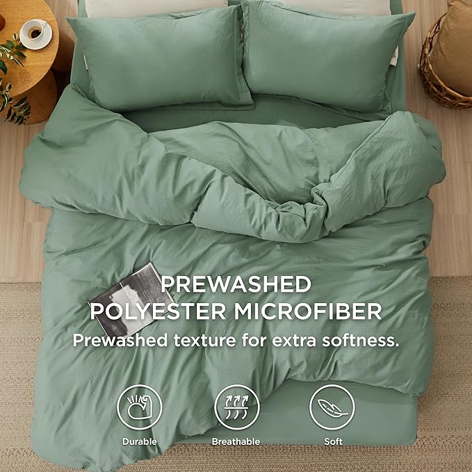 Bedsure Duvet Cover Queen Size with Fitted Sheet - 4 Pieces Prewashed Cotton-Like Polyester Extra Soft Bedding Set, Includes 1 Duvet Cover 90x90 Inches, 2 Pillow Shams, 1 Fitted Sheet, Sage Green