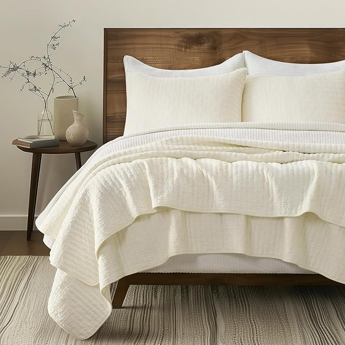 EVERGRACE Cross Stitch Pre-Washed Cotton Quilt Bedding Set Queen Size, Oversized 3 Pieces Lightweight Bedspread Coverlet for All Season, with 2 Matching Shams, Cream, 92"x96"