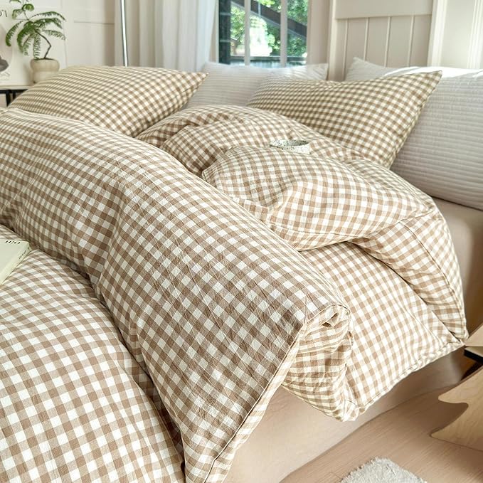 LifeTB Tan Gingham Duvet Cover Twin 3 Pieces Beige Plaid Duvet Cover 100% Washed Cotton Bedding Boho Grid Comforter Cover Farmhouse Checkered Gingham Bedding Cover with 2 Pillowcases