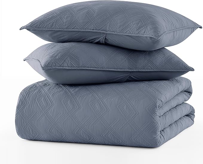 WDCOZY 100% Cotton Queen Size Quilt Set - Dusty Blue Pre-Washed Soft Lightweight Modern Bedspread, Farmhouse Country Rustic Coverlet, Textured Like Linen, Shabby Chic Gauze Bedding, 3 Pieces