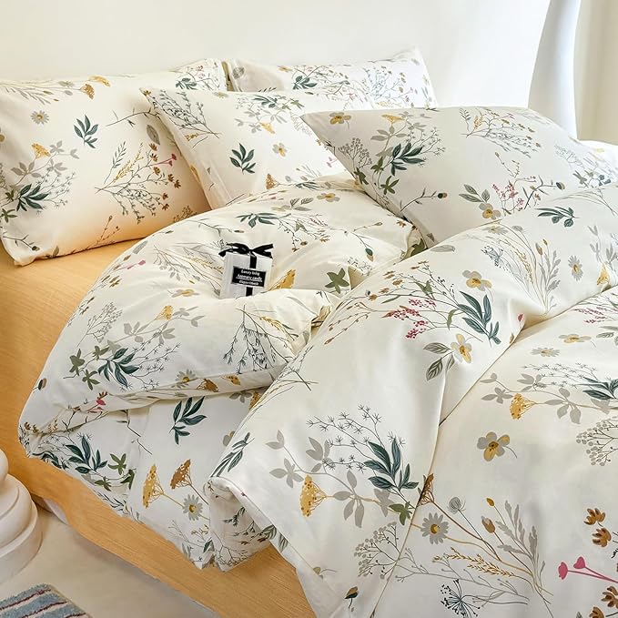 HighBuy Floral Duvet Cover Twin 100% Cotton Girls Yellow Floral Botanical Coquette Bedding Comforter Cover with Zipper Chic Cottagecore Twin Bed Duvet Cover Set 3 Pieces,Lightweight,Breathable