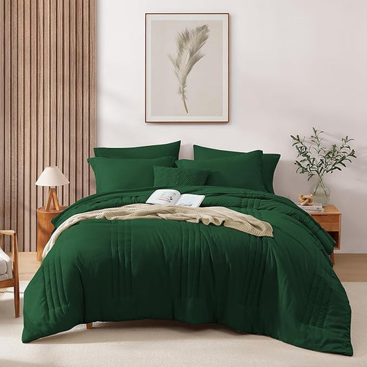 Monbix King Size Comforter Set - 7 Pieces Bed in a Bag King, Emerald Green Bedding Sets with Comforter, All Seasons Comforter Bed Set with Sheets, Pillowcases & Shams
