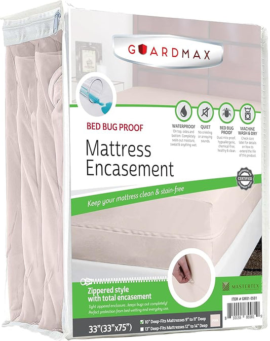 Guardmax Jersey Knitted Cot Size Zippered Mattress Encasement - Waterproof & Bed Bug Proof Mattress Protector - Comfortable, Soft, and Noiseless Zippered Bedding - Dust Mite Proof (33 x 75 x 10)