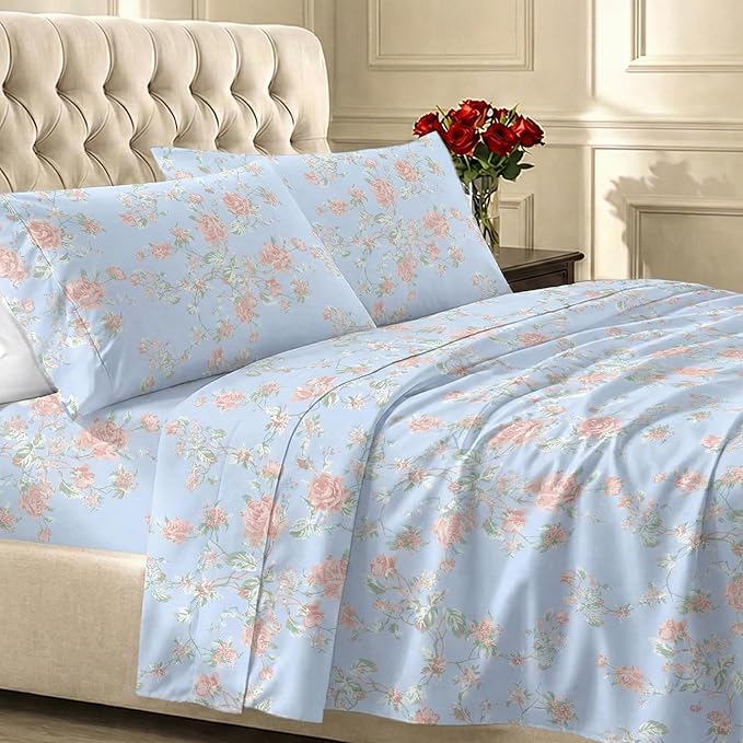 California Design Den Printed Twin XL Sheet Sets - 400 Thread Count Sateen, Natural 100% Cotton Sheets, Deep Pockets, and Durable Bedding Set - Antique Rose