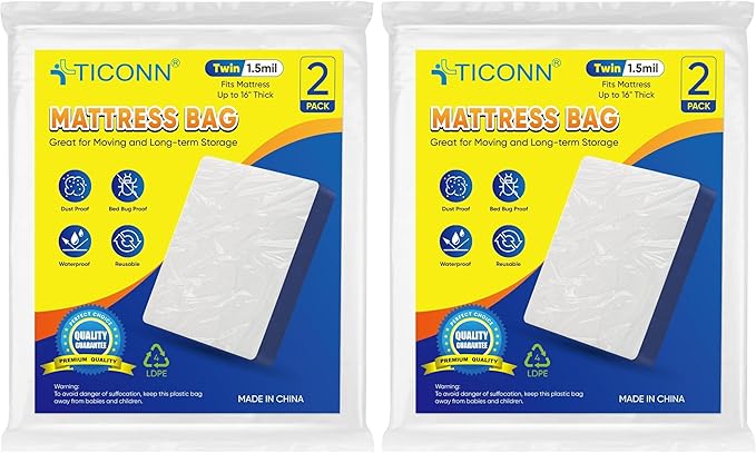 TICONN 2PK Plastic Mattress Bag for Moving Storage, Waterproof Mattress Protector Cover, Heavy-Duty Mattress Moving Supplies (1.5 mil, Twin) (Pack of 2)