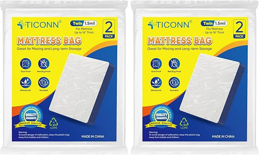 TICONN 2PK Plastic Mattress Bag for Moving Storage, Waterproof Mattress Protector Cover, Heavy-Duty Mattress Moving Supplies (1.5 mil, Twin) (Pack of 2)