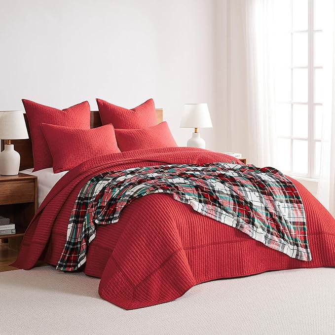 Levtex Home Cross Stitch Bedspread Set - King Bedspread, 2 Shams - Red - Cotton