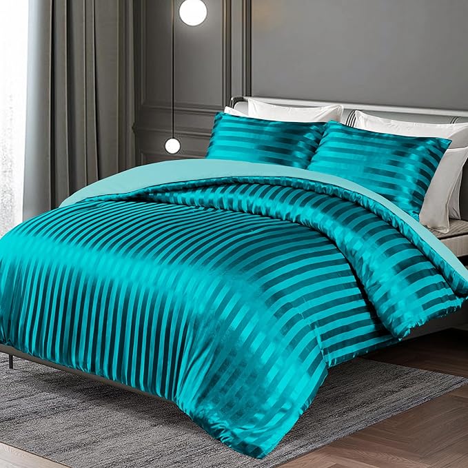 Whale Flotilla 2-Piece Reversible Silky Soft Twin Size Comforter Set, Luxury Stripe Satin Comforter Bedding Set with Satin Pillowcase, Lightweight Duvet Set for All Seasons, Turquoise