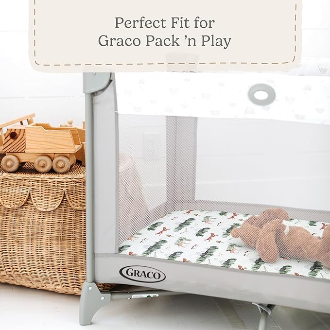 Pack and Play Sheets Fitted, Mini Crib Sheets for Graco Pack N Play Playard (38x26), Ultra Soft Organic Cotton Blend, Safe & Snug Playpen Mattress Sheet for Baby Boys & Girls – Starry Woodland, 2-Pack