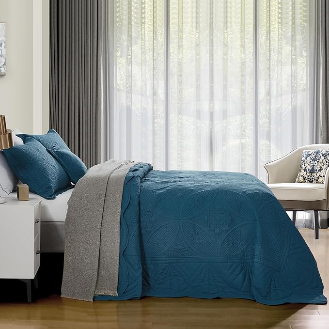 Oversized Bedspread - King Size Bedding Cover - Modern & Contemporary Coverlet Set, Real Stitching, Reversible, Lightweight, 5 Piece, Blue